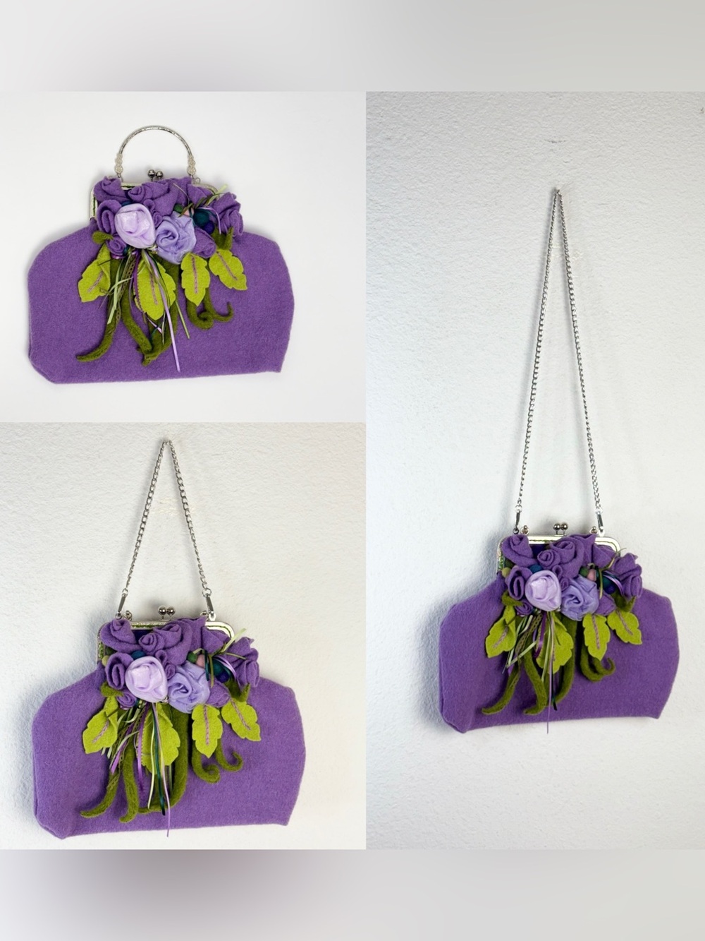Purple Handmade Felted Wool Floral Interchangeable Strap Handbag Purse